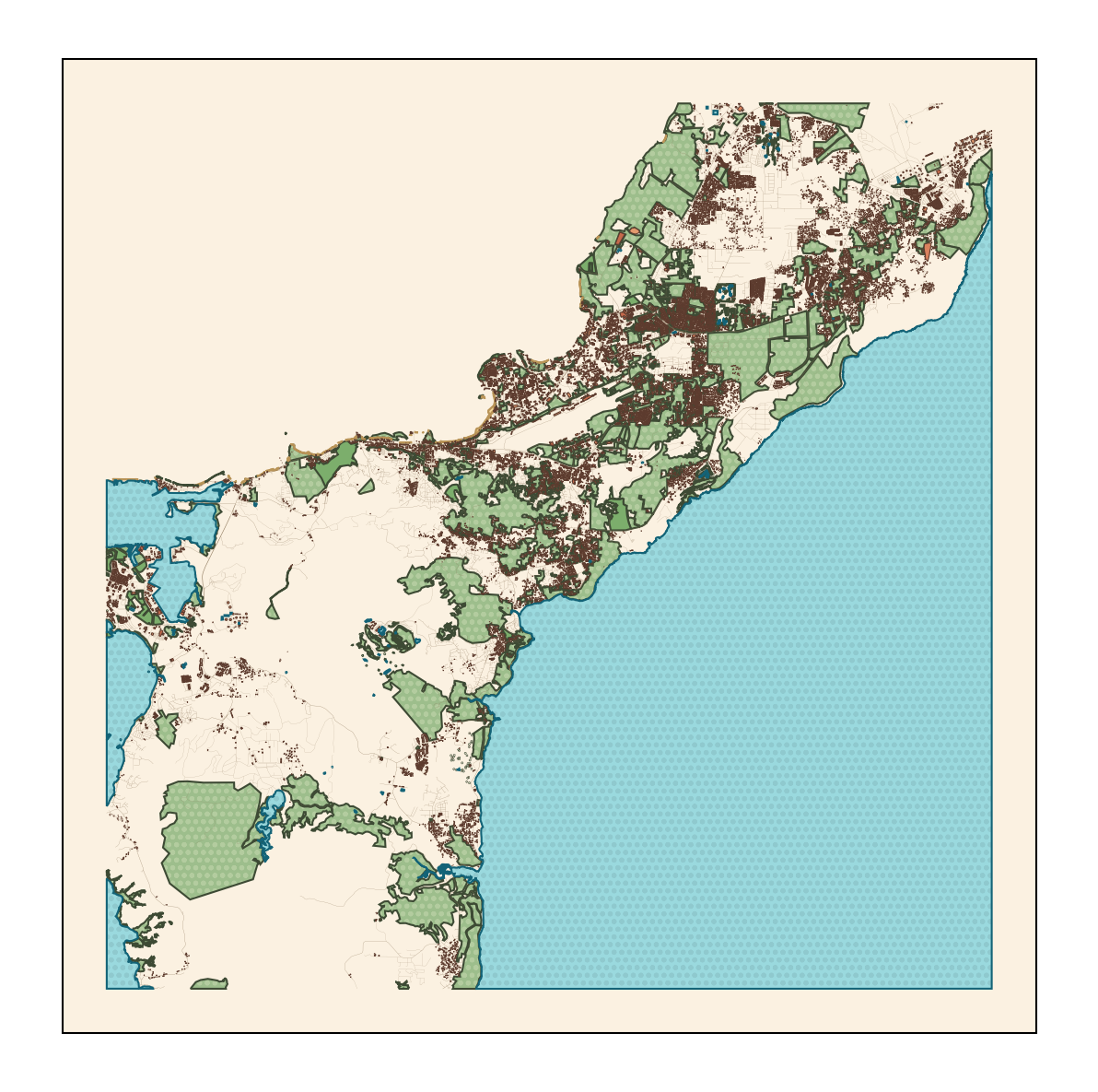 Illustrated map of Guam showing the coastline, reef, and main villages